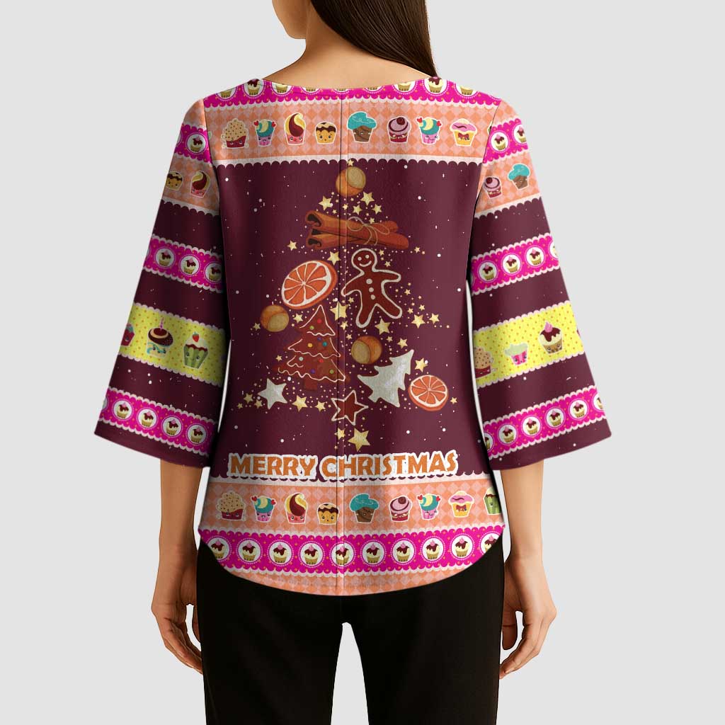 Christmas Cookie Kimono Sleeve Blouse with Gingerbread Tree Candy Ornaments and Sweet Treat Pattern - Wonder Print Shop