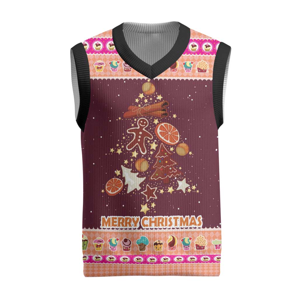 Christmas Cookie Christmas Knitted V-Neck Vest with Gingerbread Tree Candy Ornaments and Sweet Treat Pattern - Wonder Print Shop