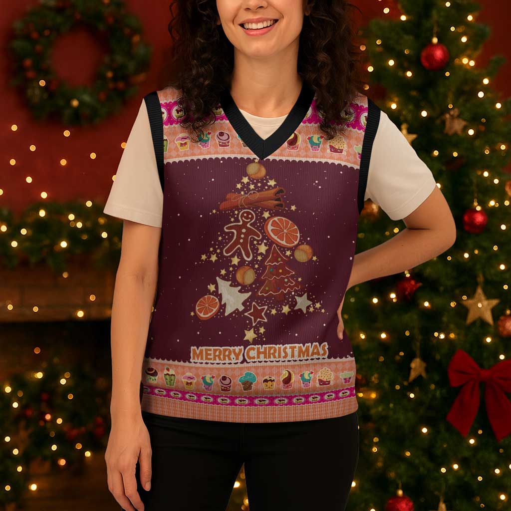 Christmas Cookie Christmas Knitted V-Neck Vest with Gingerbread Tree Candy Ornaments and Sweet Treat Pattern - Wonder Print Shop