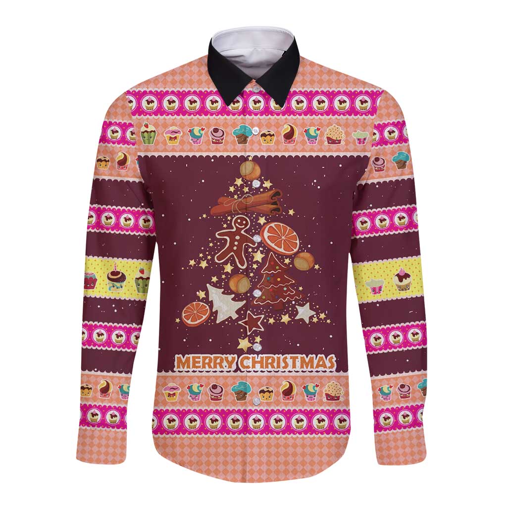 Christmas Cookie Long Sleeve Button Shirt with Gingerbread Tree Candy Ornaments and Sweet Treat Pattern - undefined