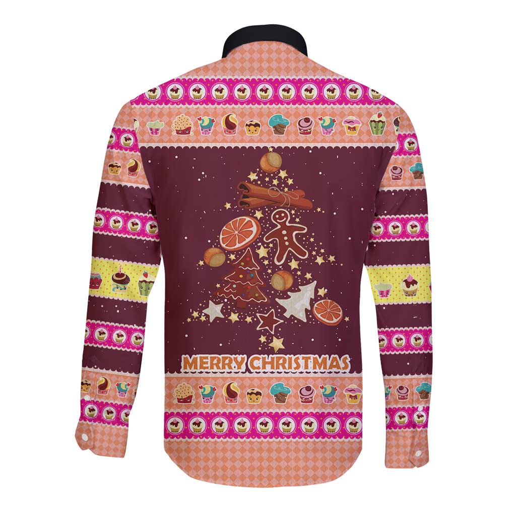 Christmas Cookie Long Sleeve Button Shirt with Gingerbread Tree Candy Ornaments and Sweet Treat Pattern - undefined