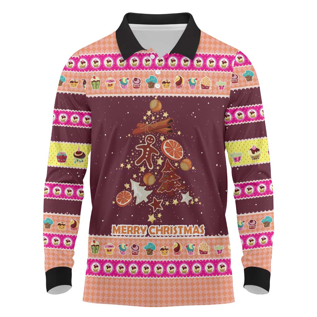 Christmas Cookie Long Sleeve Polo Shirt with Gingerbread Tree Candy Ornaments and Sweet Treat Pattern - Wonder Print Shop