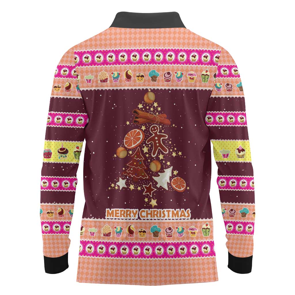 Christmas Cookie Long Sleeve Polo Shirt with Gingerbread Tree Candy Ornaments and Sweet Treat Pattern - Wonder Print Shop