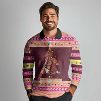 Christmas Cookie Long Sleeve Polo Shirt with Gingerbread Tree Candy Ornaments and Sweet Treat Pattern - Wonder Print Shop
