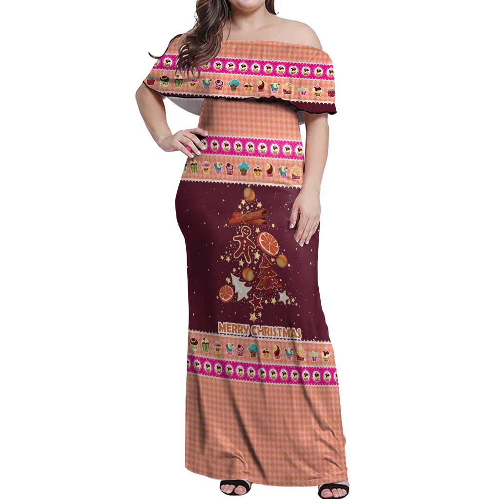 Christmas Cookie Off Shoulder Maxi Dress with Gingerbread Tree Candy Ornaments and Sweet Treat Pattern - Wonder Print Shop