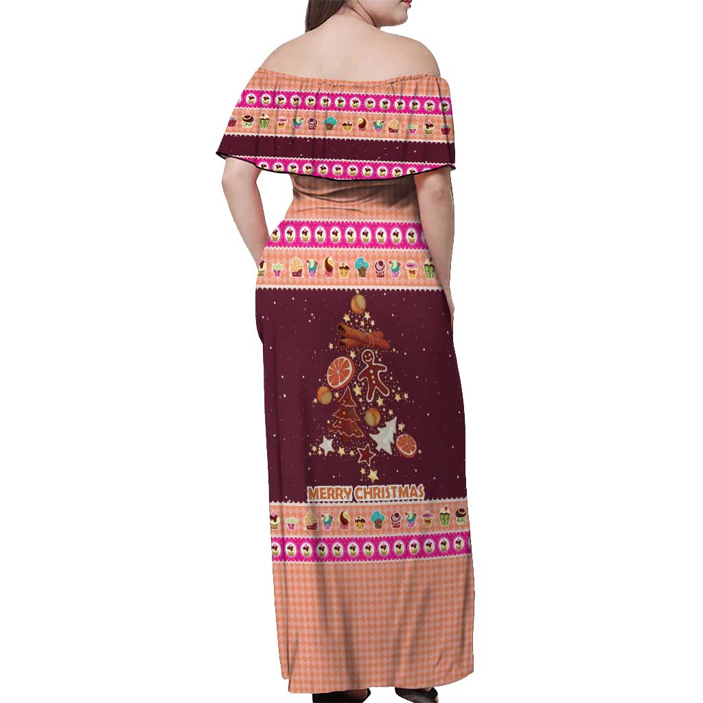 Christmas Cookie Off Shoulder Maxi Dress with Gingerbread Tree Candy Ornaments and Sweet Treat Pattern - Wonder Print Shop