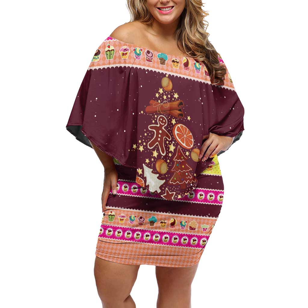 Christmas Cookie Off Shoulder Short Dress with Gingerbread Tree Candy Ornaments and Sweet Treat Pattern - Wonder Print Shop