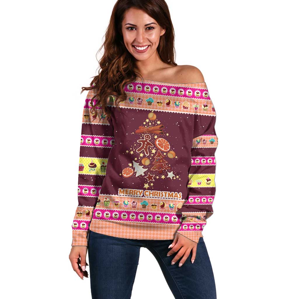 Christmas Cookie Off Shoulder Sweater with Gingerbread Tree Candy Ornaments and Sweet Treat Pattern - Wonder Print Shop