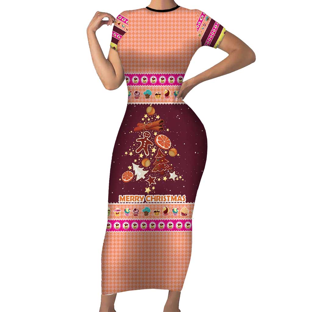 Christmas Cookie Short Sleeve Bodycon Dress with Gingerbread Tree Candy Ornaments and Sweet Treat Pattern - Wonder Print Shop