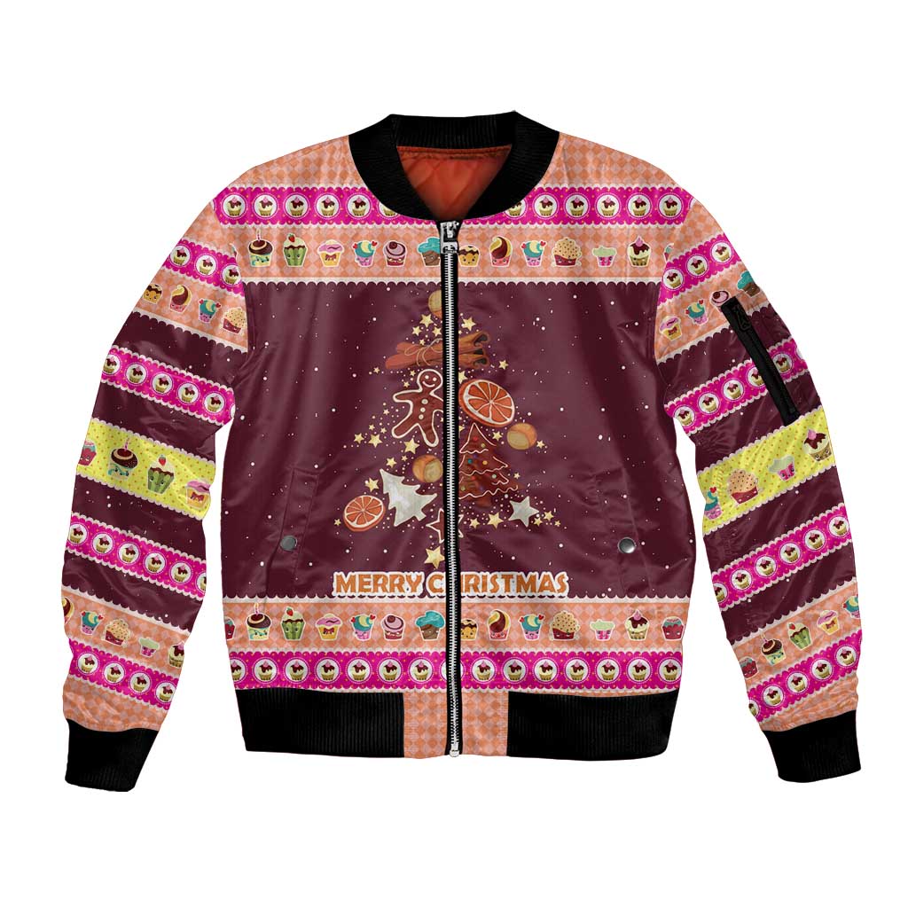 Christmas Cookie Sleeve Zip Bomber Jacket with Gingerbread Tree Candy Ornaments and Sweet Treat Pattern - Wonder Print Shop