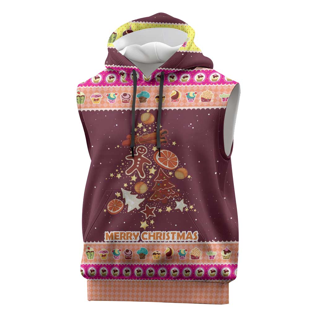 Christmas Cookie Sleeveless Hoodie with Gingerbread Tree Candy Ornaments and Sweet Treat Pattern - Wonder Print Shop