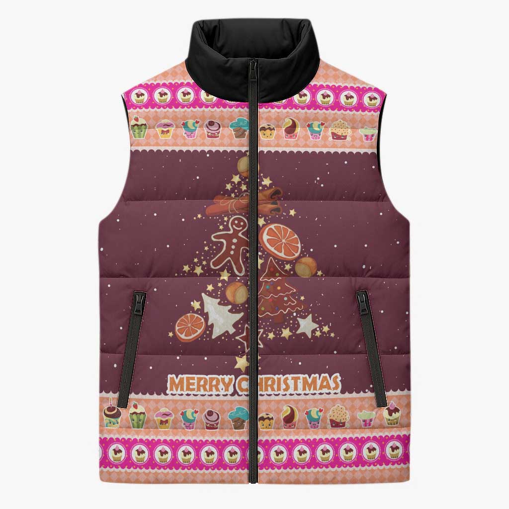 Christmas Cookie Sleeveless Puffer Jacket with Gingerbread Tree Candy Ornaments and Sweet Treat Pattern - Wonder Print Shop