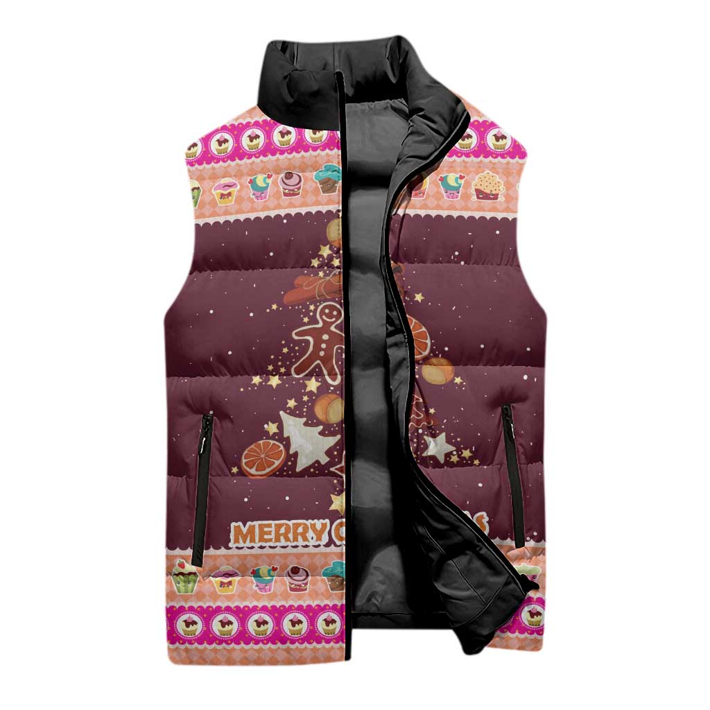 Christmas Cookie Sleeveless Puffer Jacket with Gingerbread Tree Candy Ornaments and Sweet Treat Pattern - Wonder Print Shop