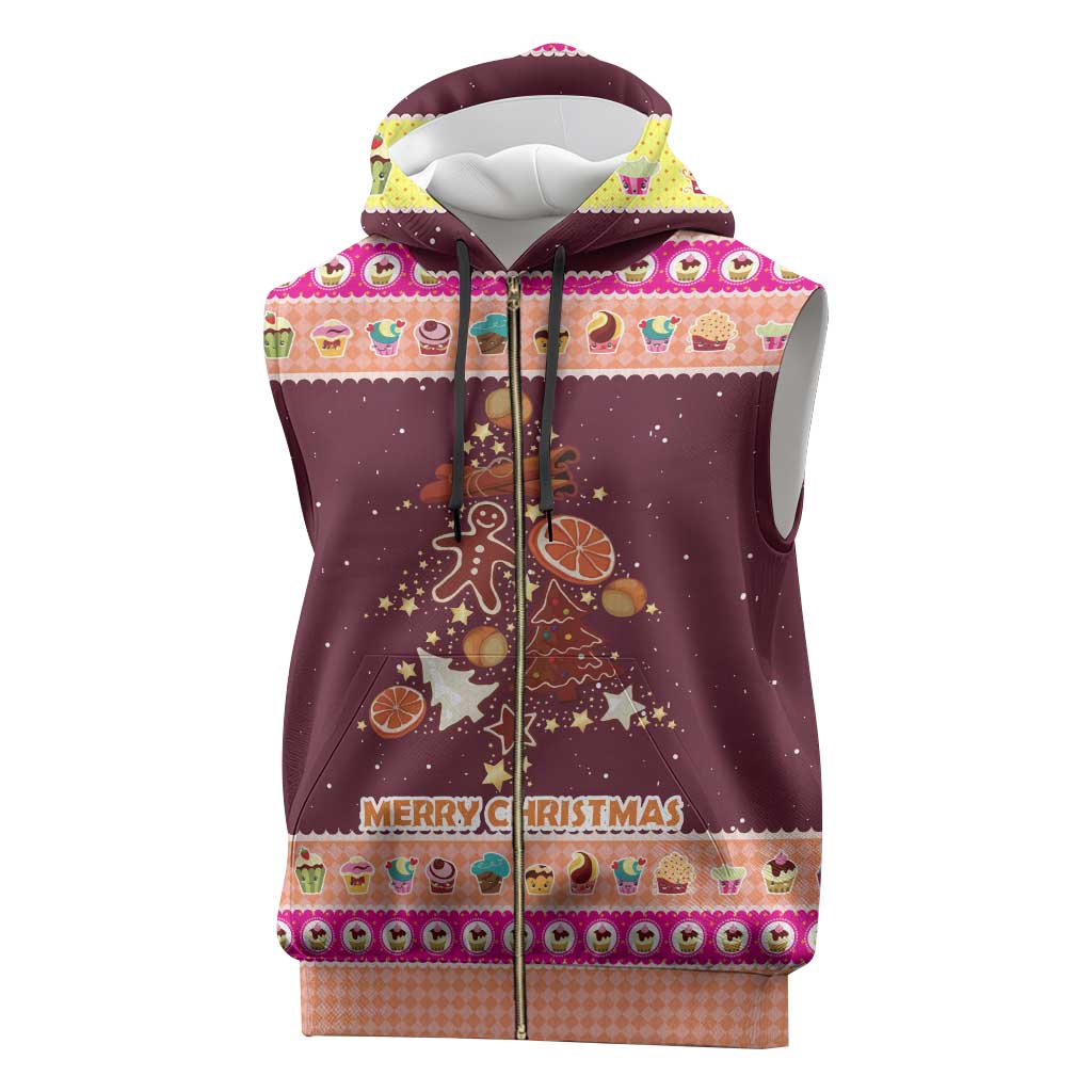 Christmas Cookie Sleeveless Zip Hoodie with Gingerbread Tree Candy Ornaments and Sweet Treat Pattern - undefined