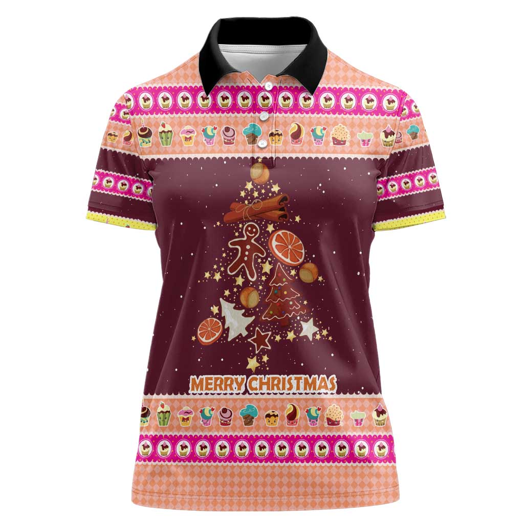 Christmas Cookie Women Polo Shirt with Gingerbread Tree Candy Ornaments and Sweet Treat Pattern - Wonder Print Shop