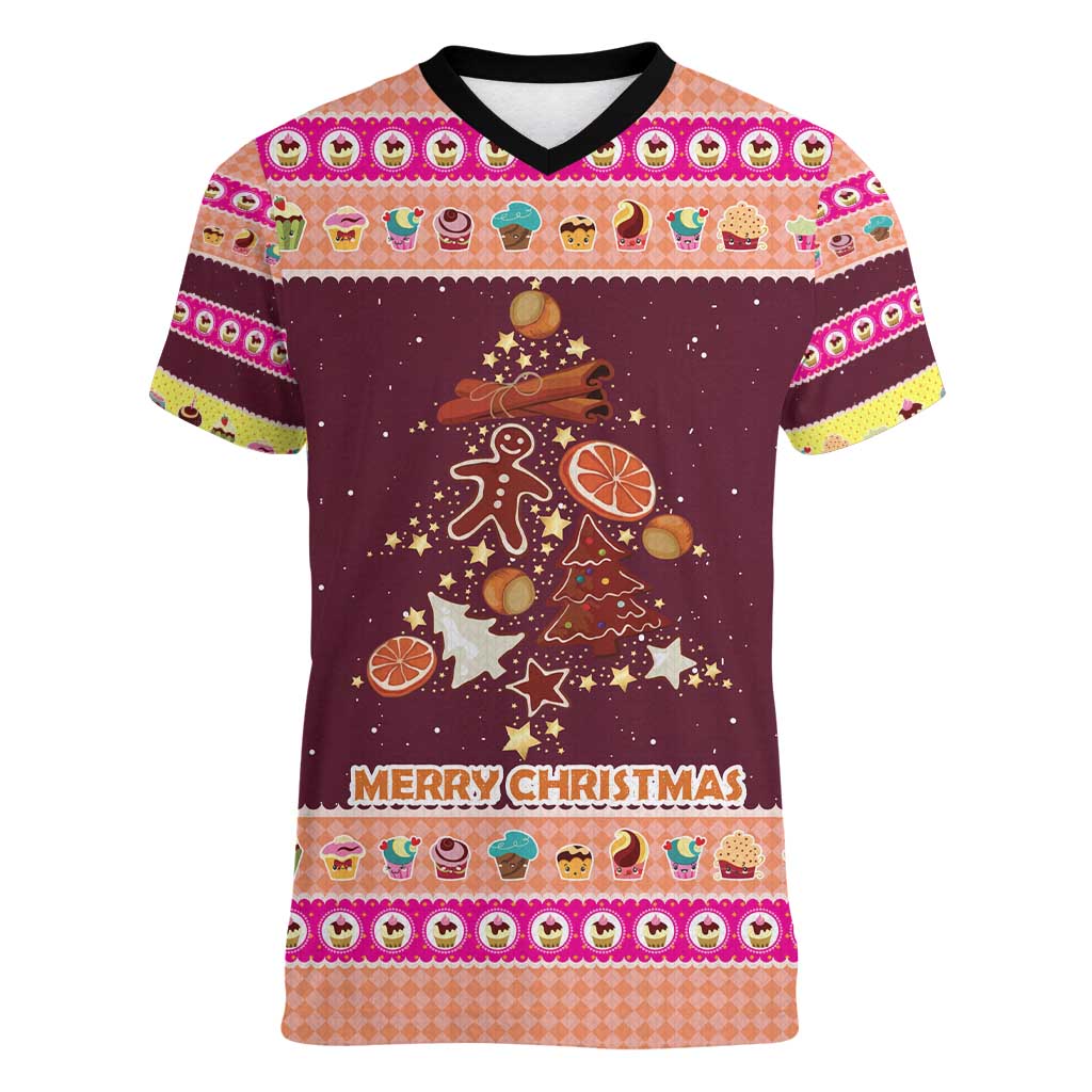 Christmas Cookie Women V-Neck T-Shirt with Gingerbread Tree Candy Ornaments and Sweet Treat Pattern - Wonder Print Shop