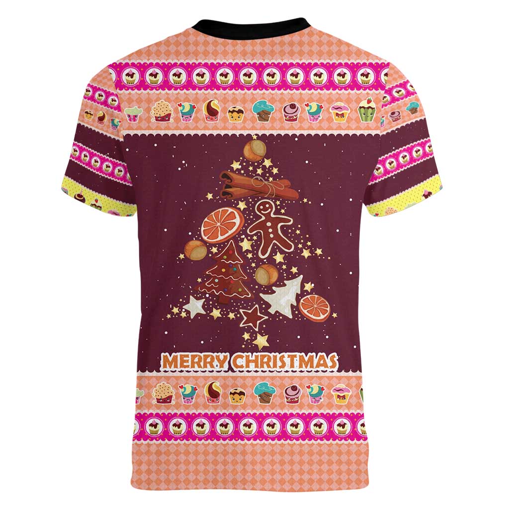 Christmas Cookie Women V-Neck T-Shirt with Gingerbread Tree Candy Ornaments and Sweet Treat Pattern - Wonder Print Shop