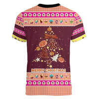 Christmas Cookie Women V-Neck T-Shirt with Gingerbread Tree Candy Ornaments and Sweet Treat Pattern - Wonder Print Shop