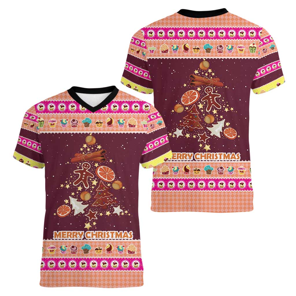 Christmas Cookie Women V-Neck T-Shirt with Gingerbread Tree Candy Ornaments and Sweet Treat Pattern - Wonder Print Shop