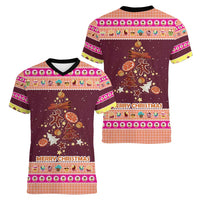 Christmas Cookie Women V-Neck T-Shirt with Gingerbread Tree Candy Ornaments and Sweet Treat Pattern - Wonder Print Shop