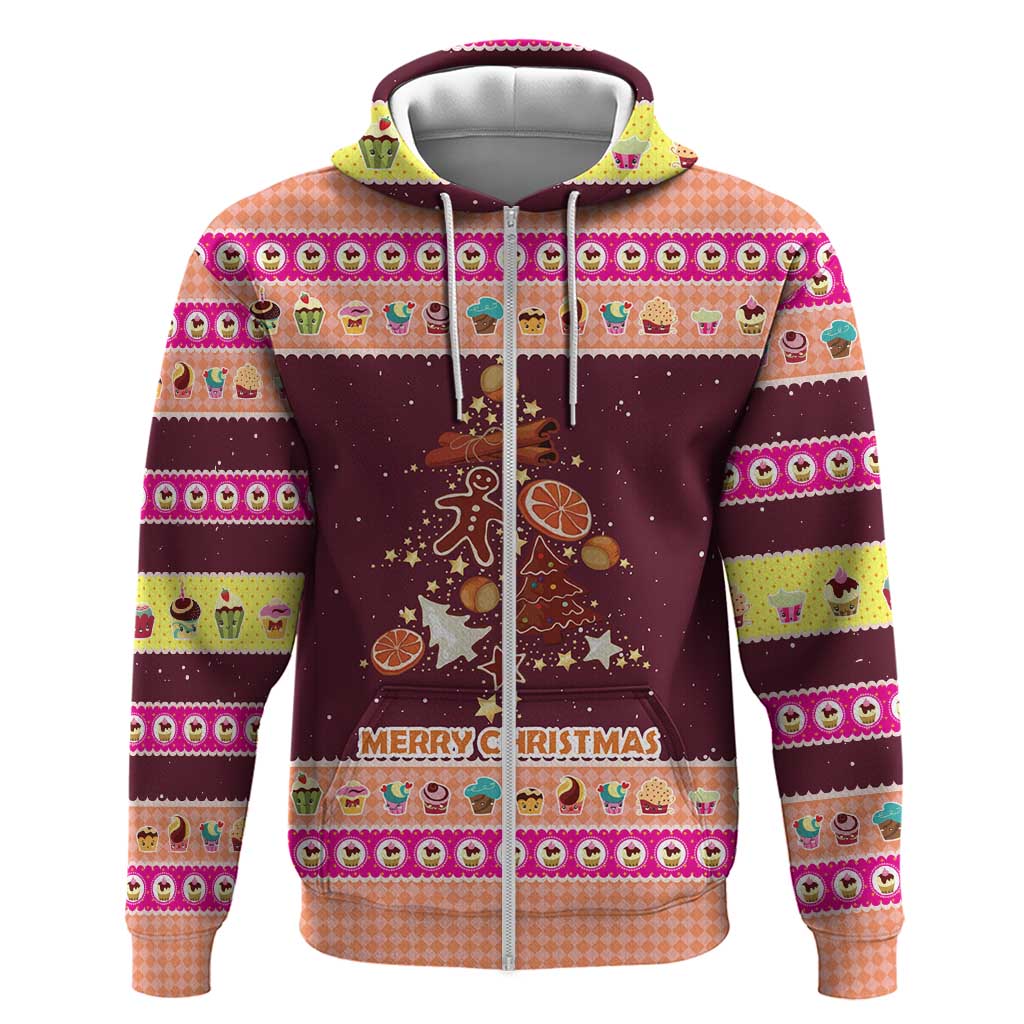 Christmas Cookie Zip Hoodie with Gingerbread Tree Candy Ornaments and Sweet Treat Pattern - Wonder Print Shop