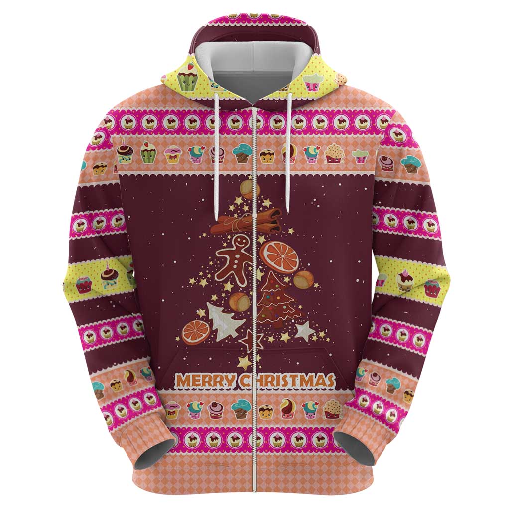 Christmas Cookie Zip Hoodie with Gingerbread Tree Candy Ornaments and Sweet Treat Pattern - Wonder Print Shop