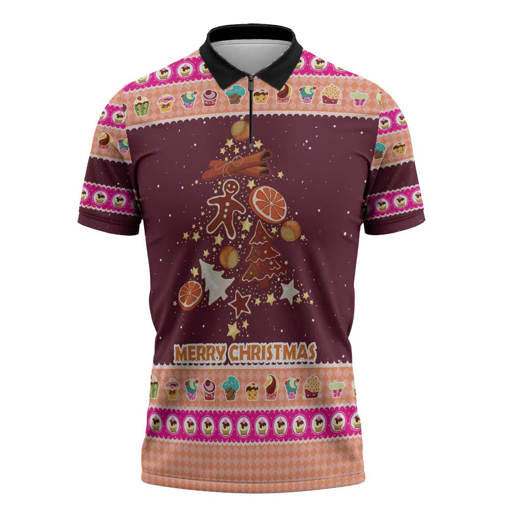 Christmas Cookie Zipper Polo Shirt with Gingerbread Tree Candy Ornaments and Sweet Treat Pattern - Wonder Print Shop