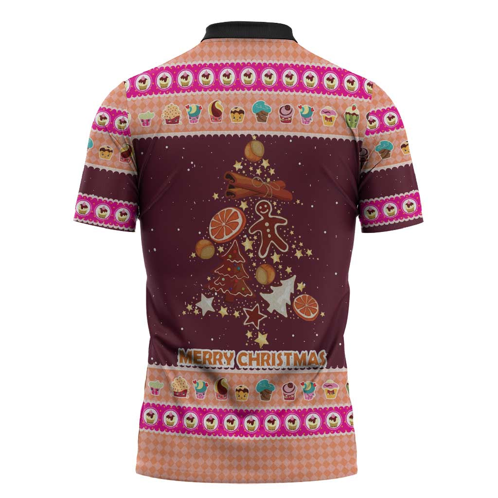 Christmas Cookie Zipper Polo Shirt with Gingerbread Tree Candy Ornaments and Sweet Treat Pattern - Wonder Print Shop