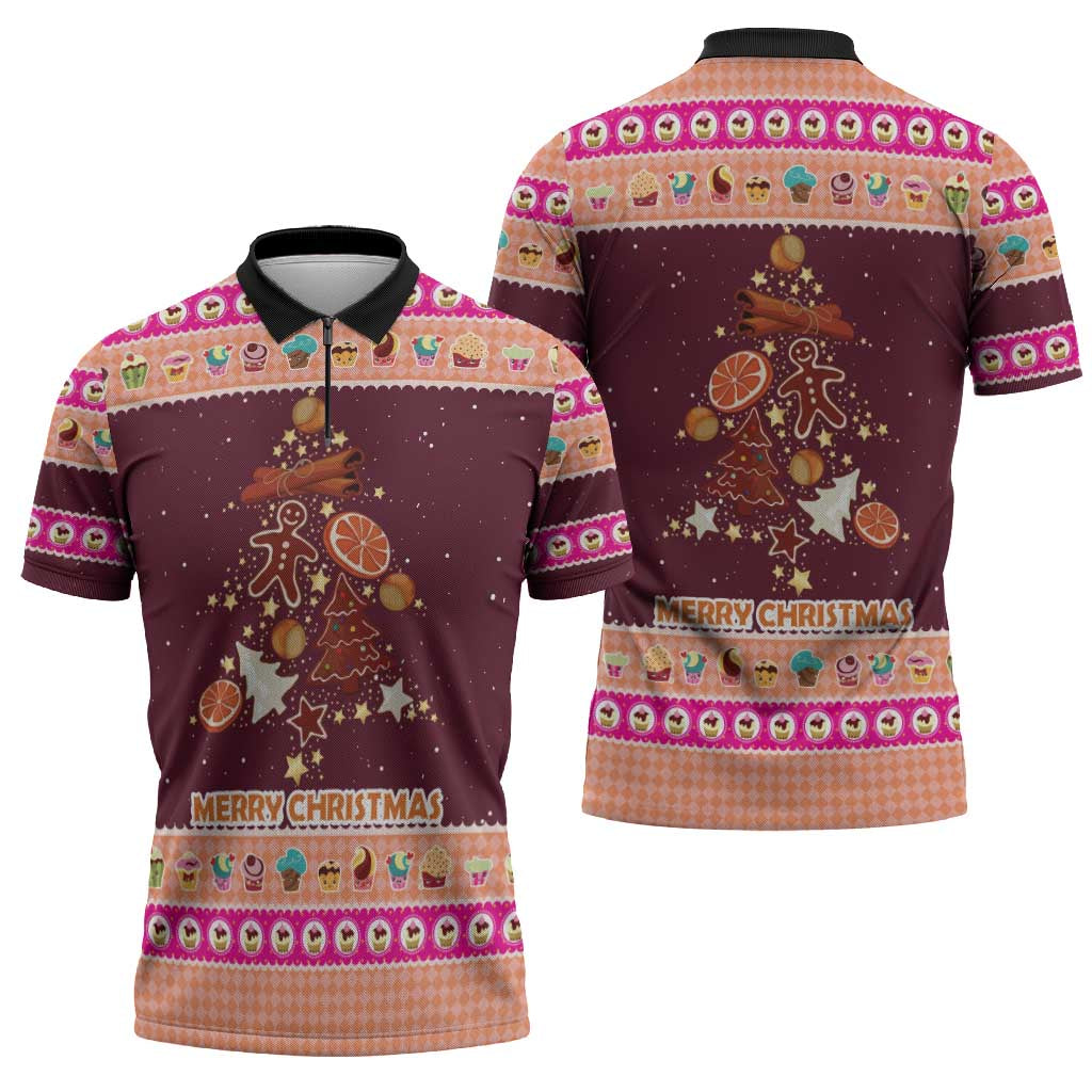 Christmas Cookie Zipper Polo Shirt with Gingerbread Tree Candy Ornaments and Sweet Treat Pattern - Wonder Print Shop