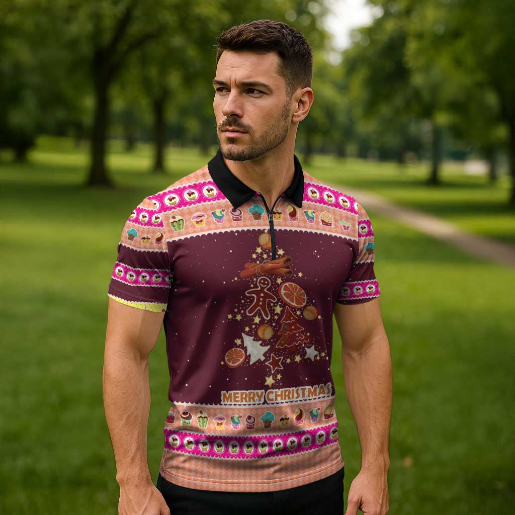 Christmas Cookie Zipper Polo Shirt with Gingerbread Tree Candy Ornaments and Sweet Treat Pattern - Wonder Print Shop
