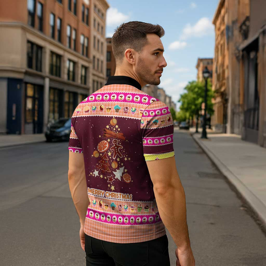 Christmas Cookie Zipper Polo Shirt with Gingerbread Tree Candy Ornaments and Sweet Treat Pattern - Wonder Print Shop