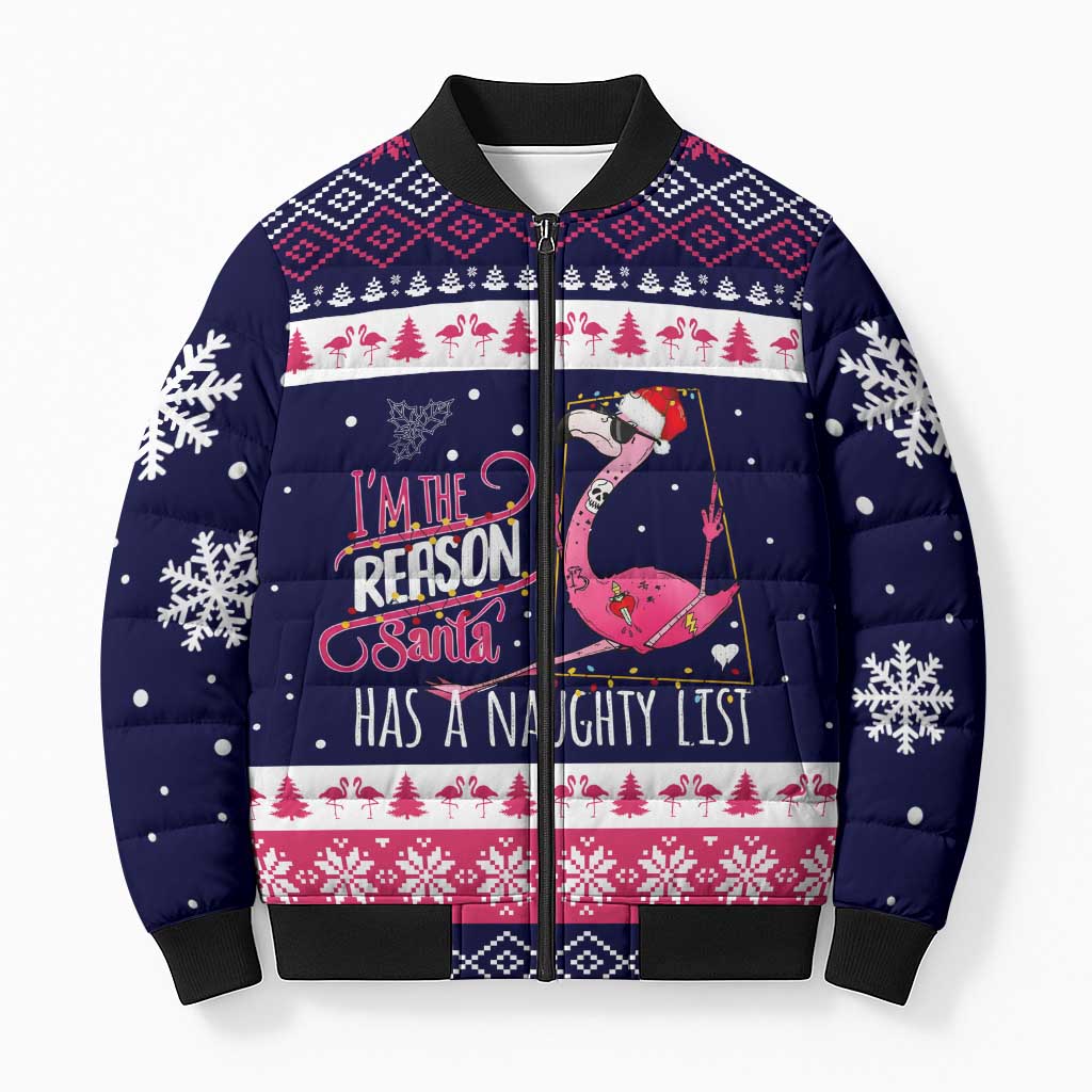 Flamingo I Am The Reason Santa Has A Naughty Christmas Bomber Puffer Jacket Xmas Holiday Patterns - Wonder Print Shop