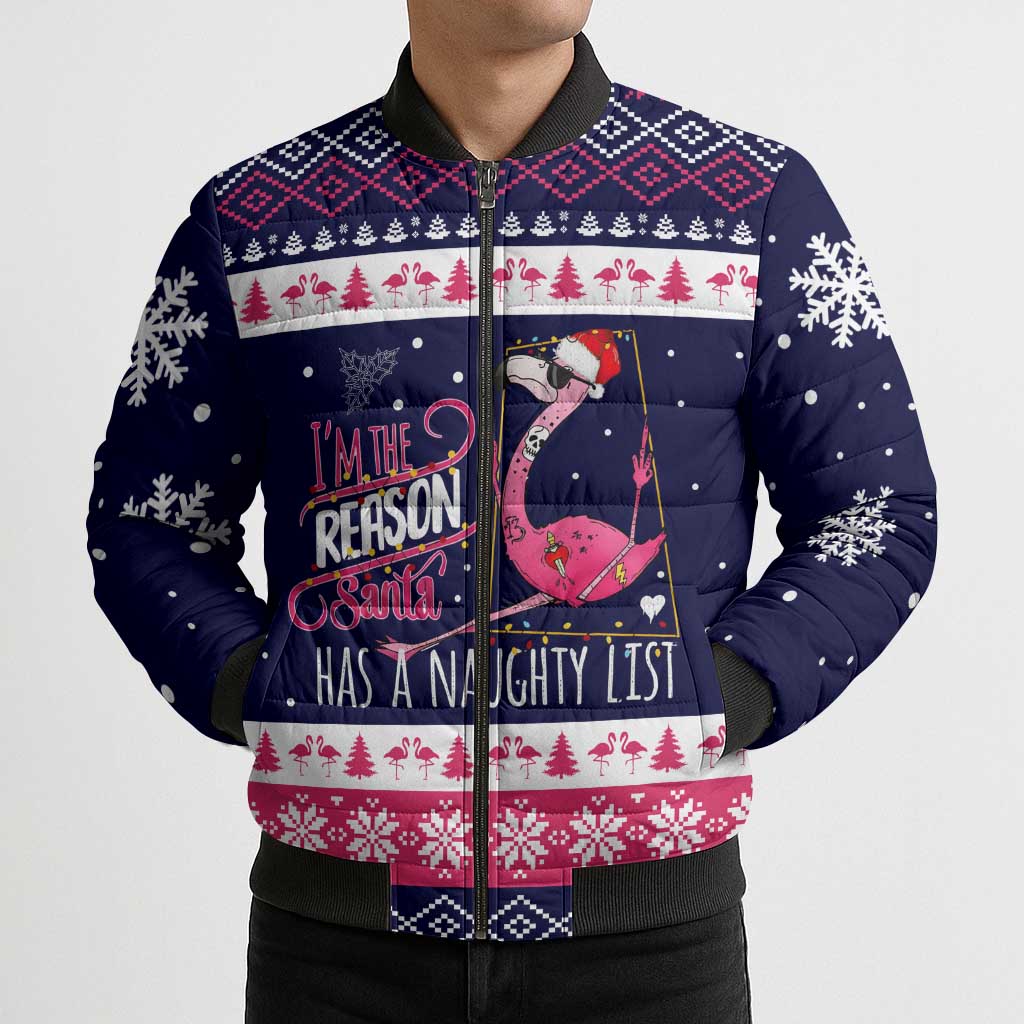 Flamingo I Am The Reason Santa Has A Naughty Christmas Bomber Puffer Jacket Xmas Holiday Patterns - Wonder Print Shop