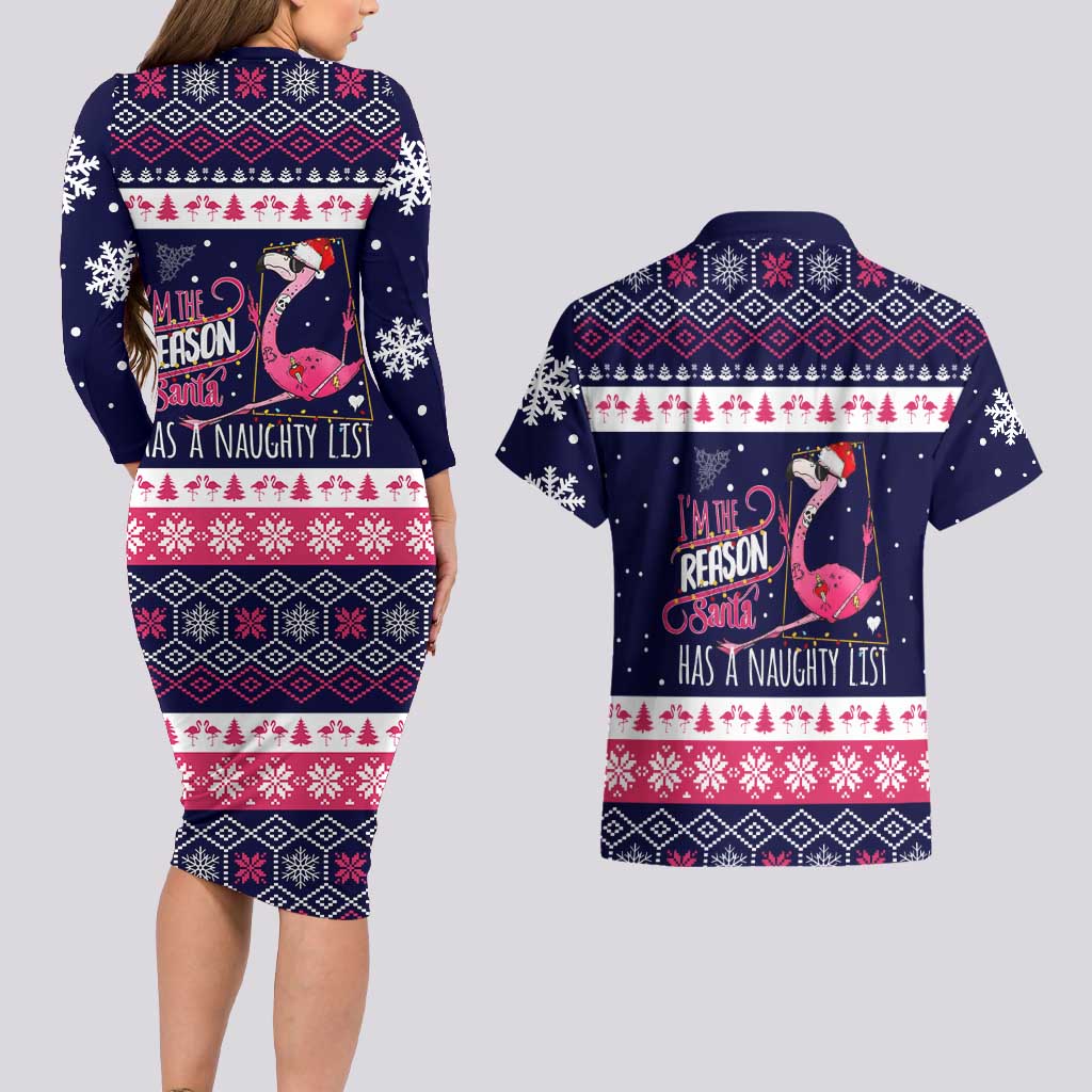 Flamingo I Am The Reason Santa Has A Naughty Christmas Couples Matching Long Sleeve Bodycon Dress and Hawaiian Shirt Xmas Holiday Patterns - Wonder Print Shop
