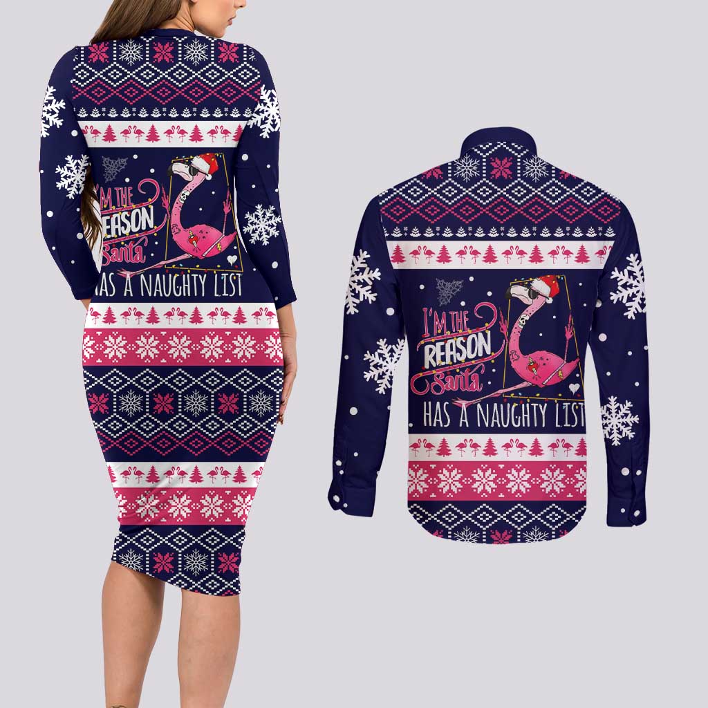 Flamingo I Am The Reason Santa Has A Naughty Christmas Couples Matching Long Sleeve Bodycon Dress and Long Sleeve Button Shirt Xmas Holiday Patterns - Wonder Print Shop