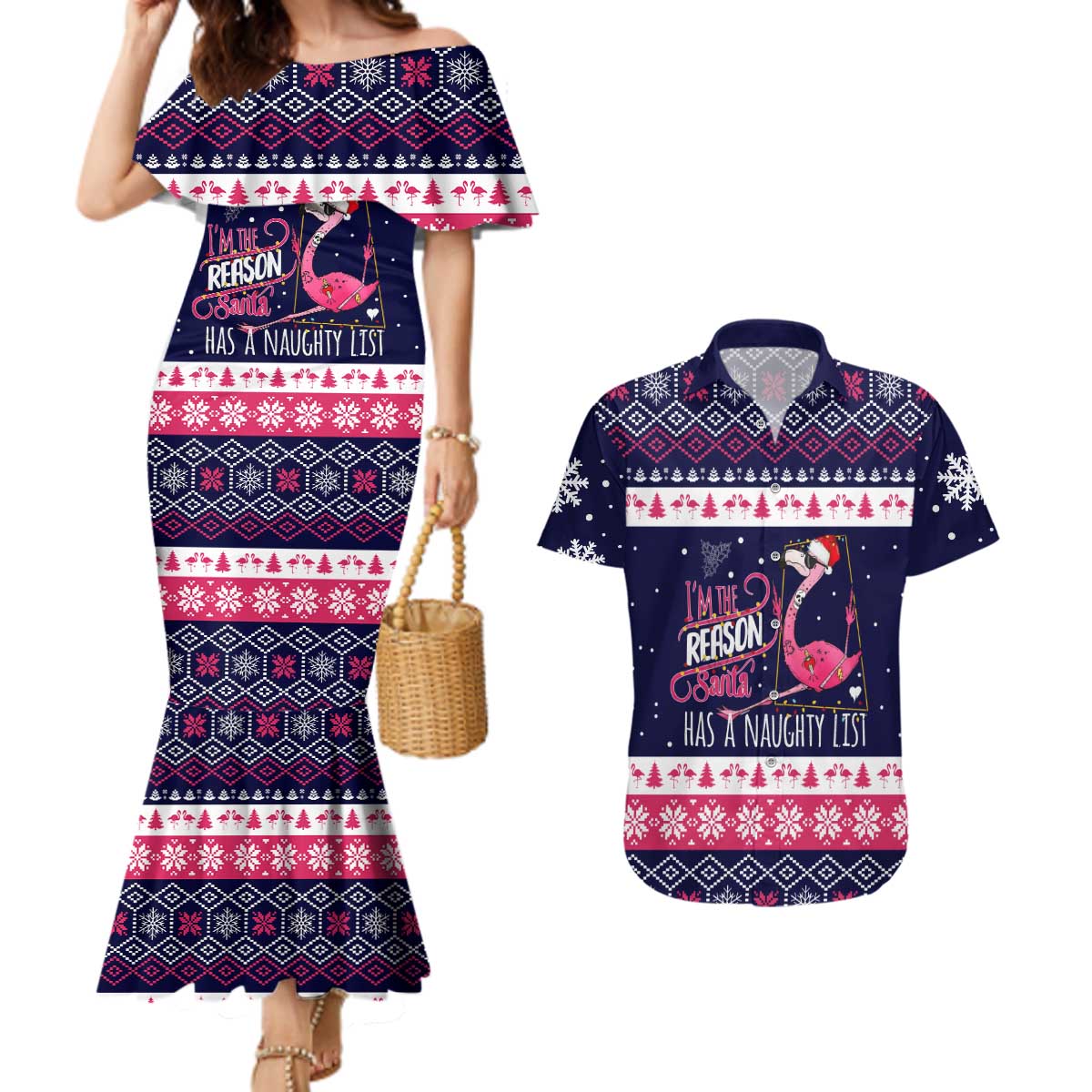 Flamingo I Am The Reason Santa Has A Naughty Christmas Couples Matching Mermaid Dress and Hawaiian Shirt Xmas Holiday Patterns - Wonder Print Shop