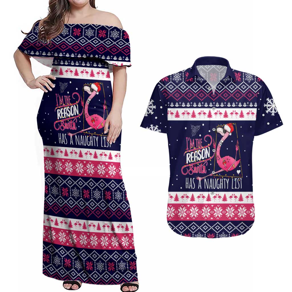 Flamingo I Am The Reason Santa Has A Naughty Christmas Couples Matching Off Shoulder Maxi Dress and Hawaiian Shirt Xmas Holiday Patterns - Wonder Print Shop