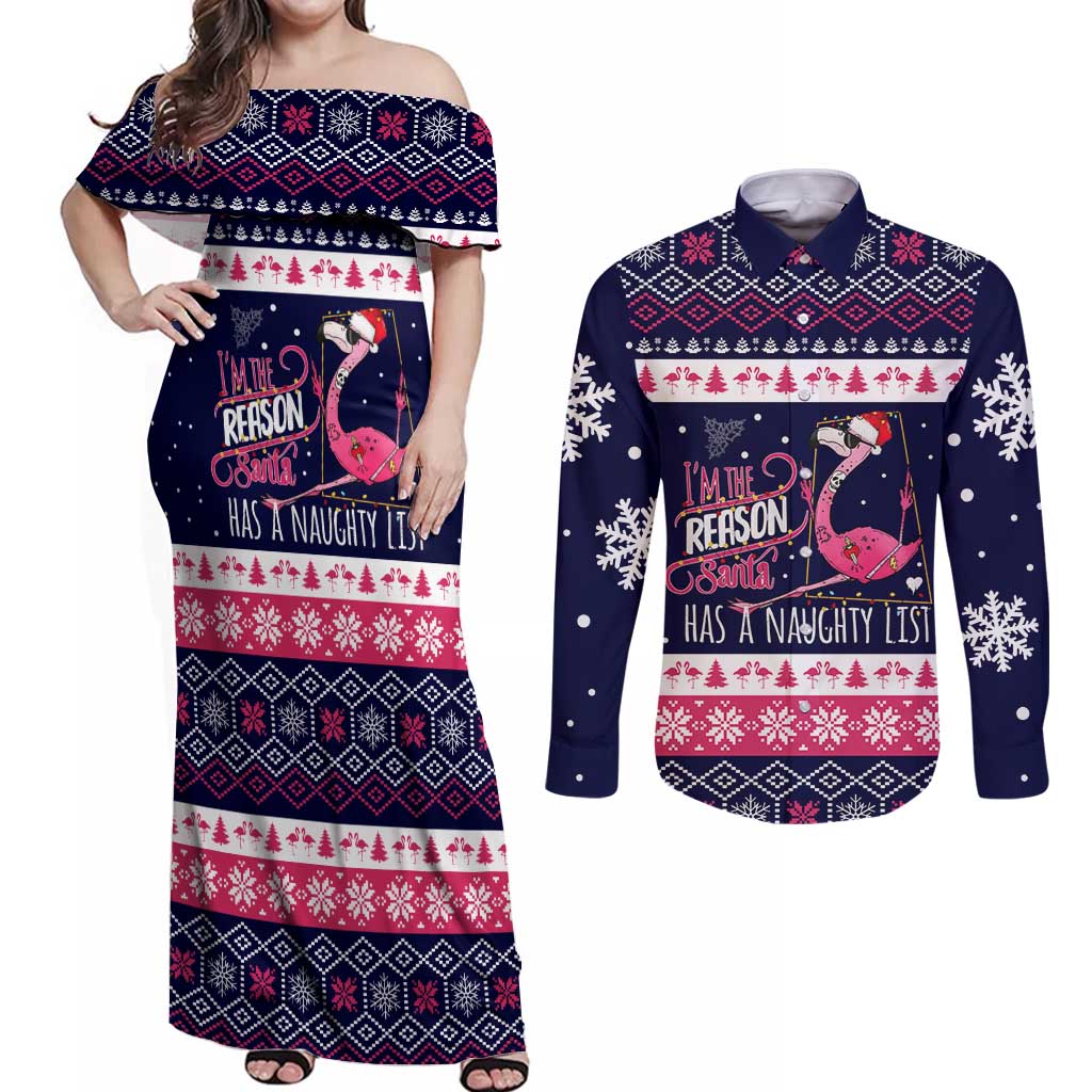 Flamingo I Am The Reason Santa Has A Naughty Christmas Couples Matching Off Shoulder Maxi Dress and Long Sleeve Button Shirt Xmas Holiday Patterns - Wonder Print Shop