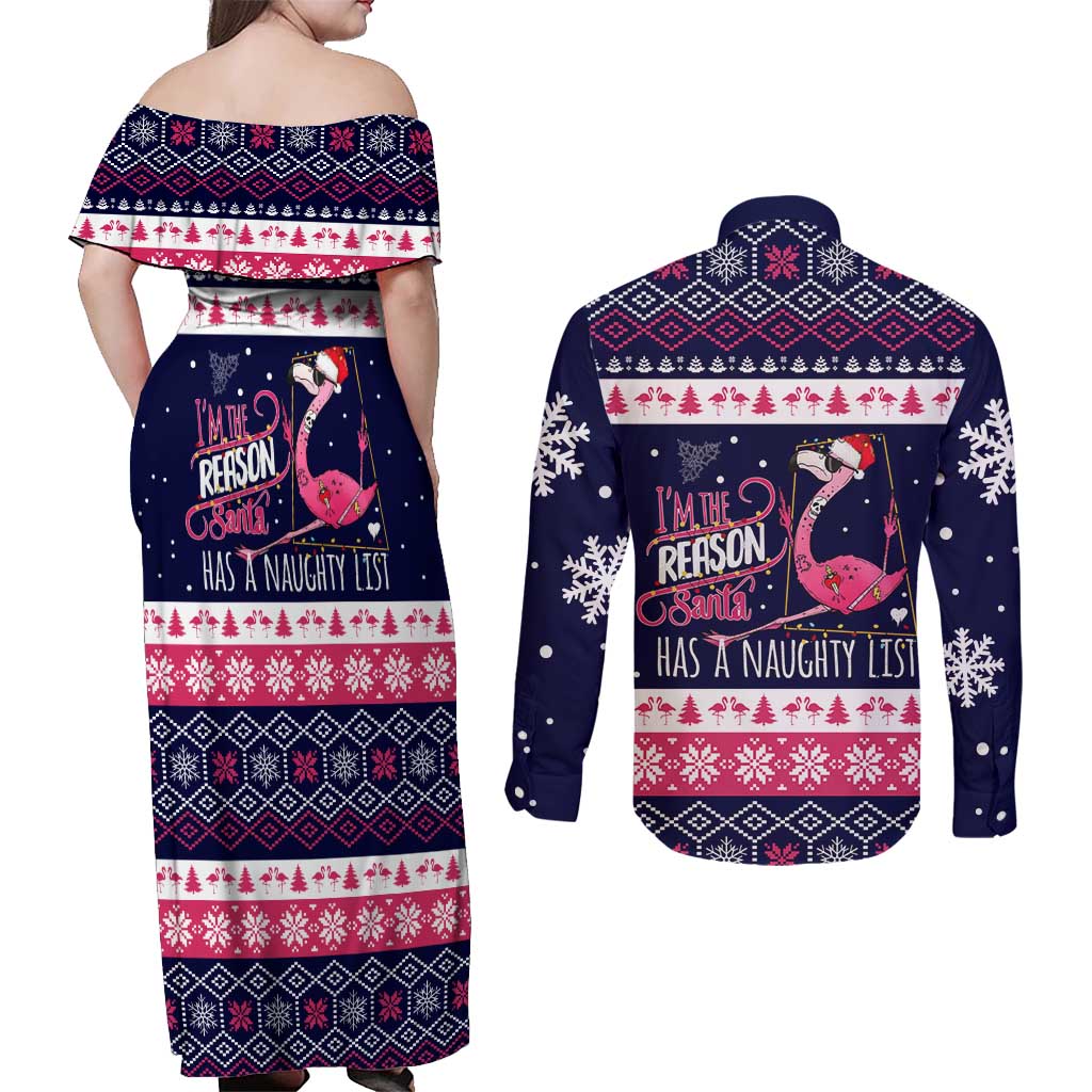 Flamingo I Am The Reason Santa Has A Naughty Christmas Couples Matching Off Shoulder Maxi Dress and Long Sleeve Button Shirt Xmas Holiday Patterns - Wonder Print Shop