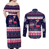 Flamingo I Am The Reason Santa Has A Naughty Christmas Couples Matching Off Shoulder Maxi Dress and Long Sleeve Button Shirt Xmas Holiday Patterns - Wonder Print Shop