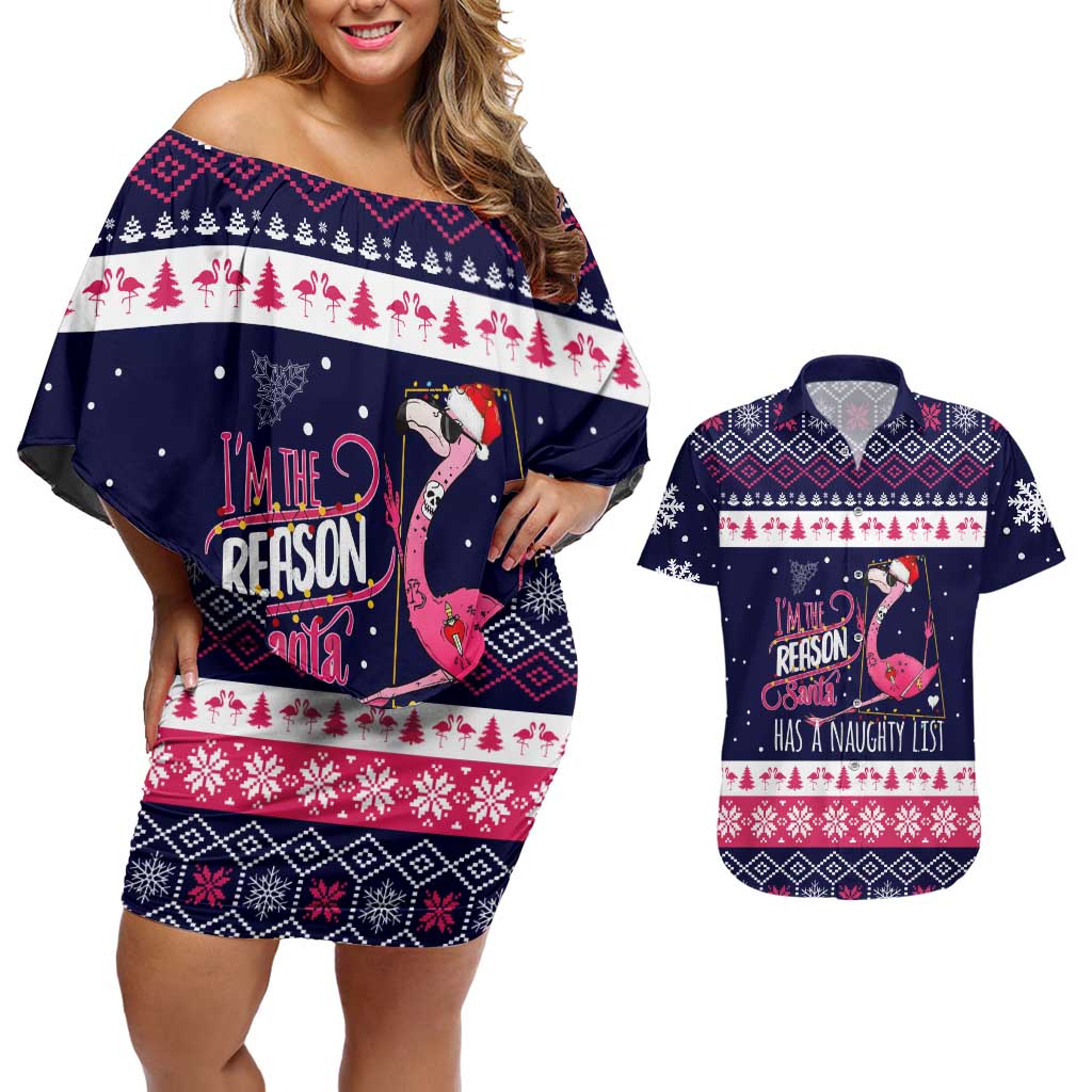 Flamingo I Am The Reason Santa Has A Naughty Christmas Couples Matching Off Shoulder Short Dress and Hawaiian Shirt Xmas Holiday Patterns - Wonder Print Shop