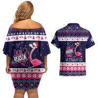Flamingo I Am The Reason Santa Has A Naughty Christmas Couples Matching Off Shoulder Short Dress and Hawaiian Shirt Xmas Holiday Patterns - Wonder Print Shop