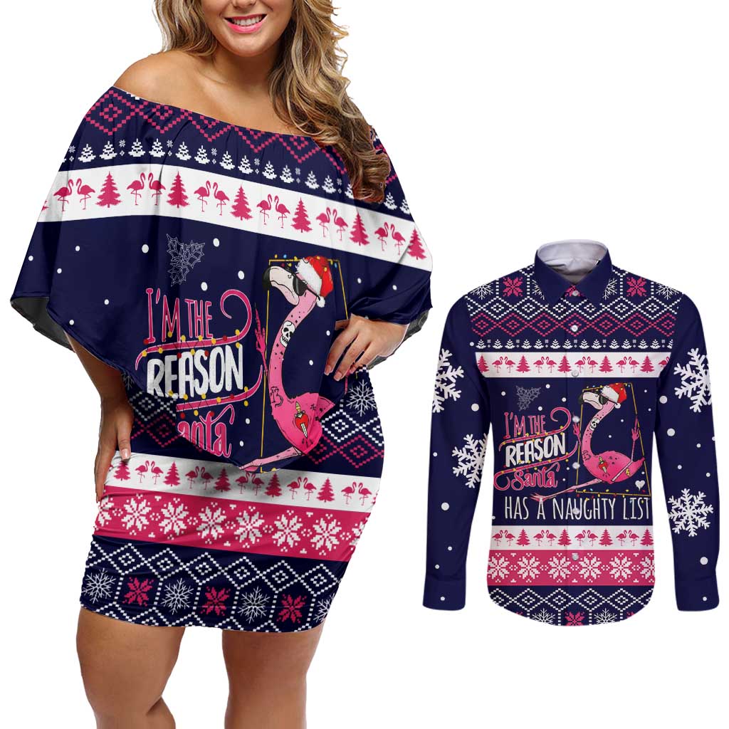 Flamingo I Am The Reason Santa Has A Naughty Christmas Couples Matching Off Shoulder Short Dress and Long Sleeve Button Shirt Xmas Holiday Patterns - Wonder Print Shop