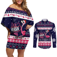 Flamingo I Am The Reason Santa Has A Naughty Christmas Couples Matching Off Shoulder Short Dress and Long Sleeve Button Shirt Xmas Holiday Patterns - Wonder Print Shop