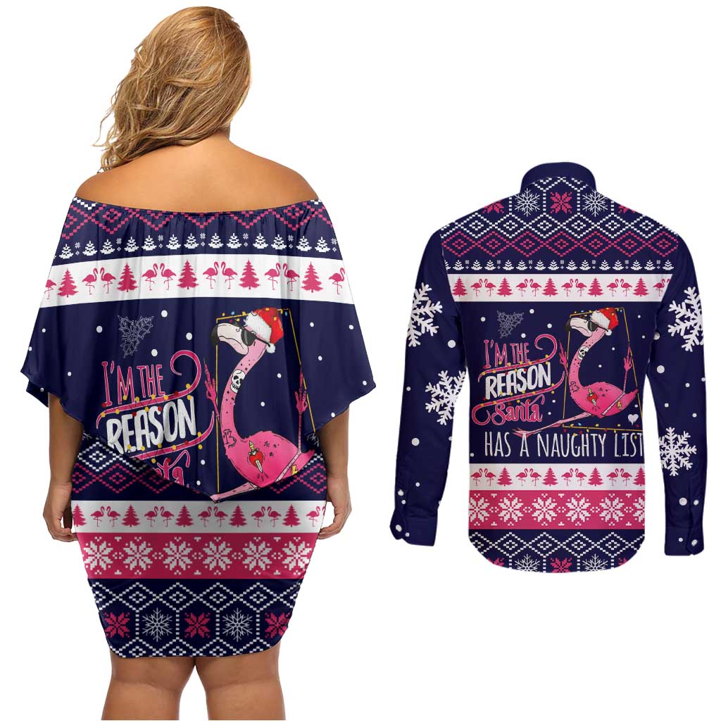 Flamingo I Am The Reason Santa Has A Naughty Christmas Couples Matching Off Shoulder Short Dress and Long Sleeve Button Shirt Xmas Holiday Patterns - Wonder Print Shop