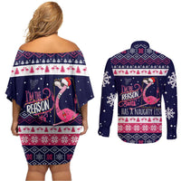 Flamingo I Am The Reason Santa Has A Naughty Christmas Couples Matching Off Shoulder Short Dress and Long Sleeve Button Shirt Xmas Holiday Patterns - Wonder Print Shop