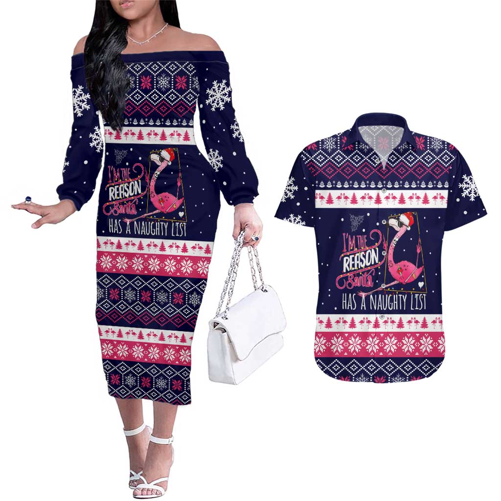 Flamingo I Am The Reason Santa Has A Naughty Christmas Couples Matching Off The Shoulder Long Sleeve Dress and Hawaiian Shirt Xmas Holiday Patterns - Wonder Print Shop