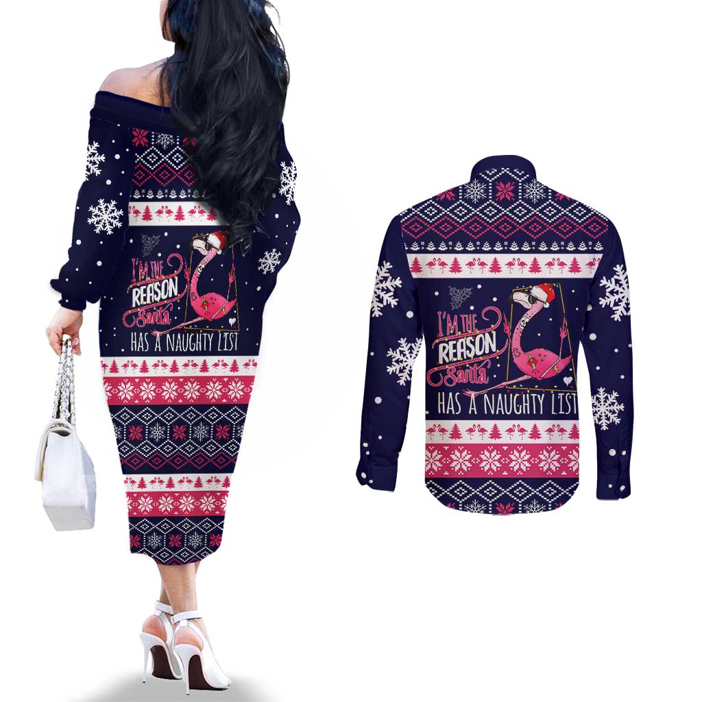 Flamingo I Am The Reason Santa Has A Naughty Christmas Couples Matching Off The Shoulder Long Sleeve Dress and Long Sleeve Button Shirt Xmas Holiday Patterns - Wonder Print Shop