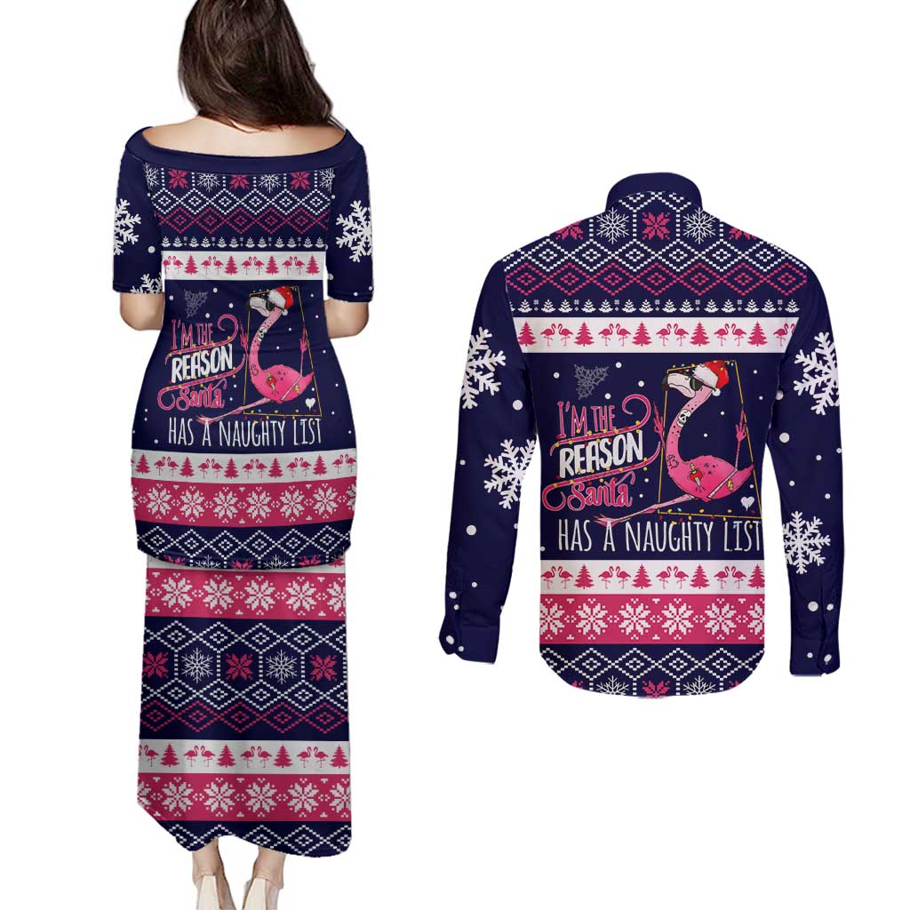 Flamingo I Am The Reason Santa Has A Naughty Christmas Couples Matching Puletasi and Long Sleeve Button Shirt Xmas Holiday Patterns - Wonder Print Shop