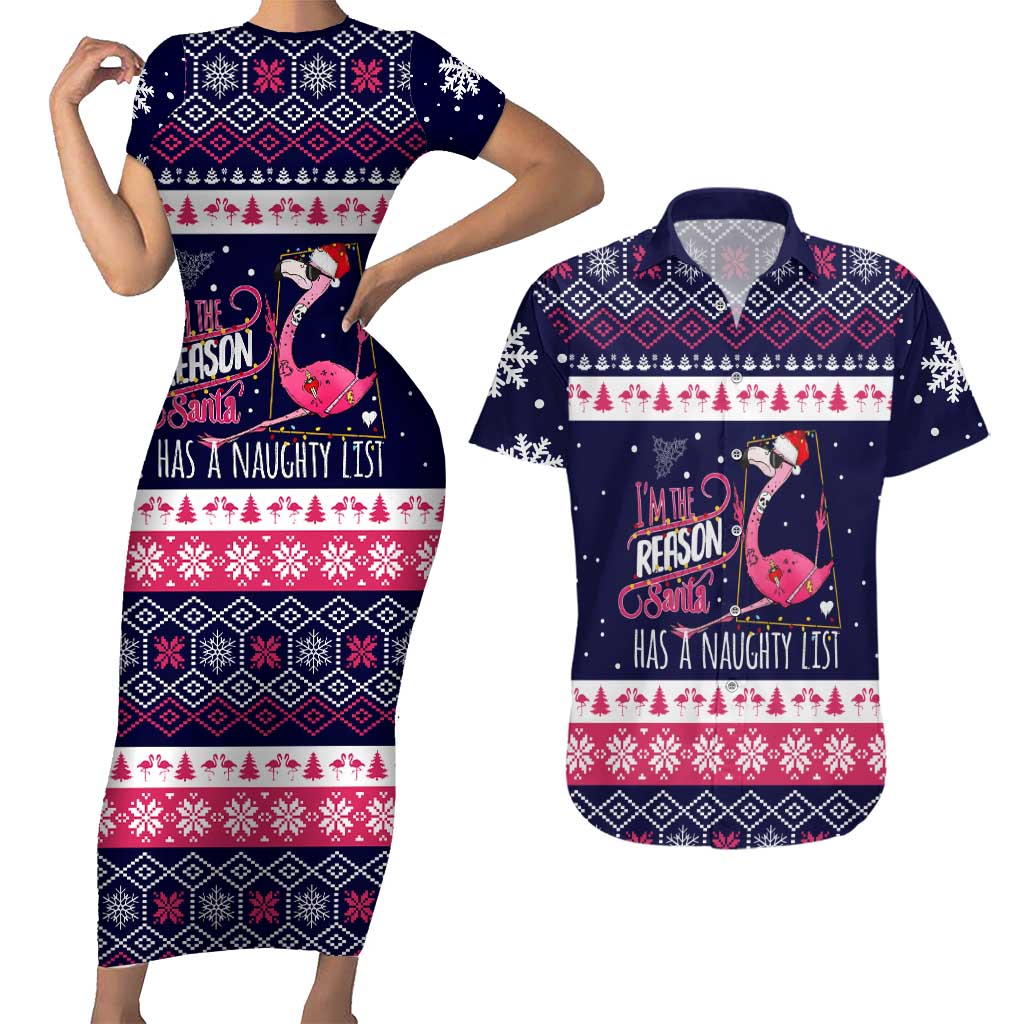 Flamingo I Am The Reason Santa Has A Naughty Christmas Couples Matching Short Sleeve Bodycon Dress and Hawaiian Shirt Xmas Holiday Patterns - Wonder Print Shop